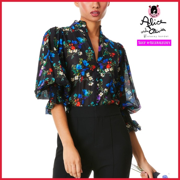 Alice + Olivia Ilan Multicolored Floral Smocked Sleeve Button Front Blouse - Picture 1 of 16